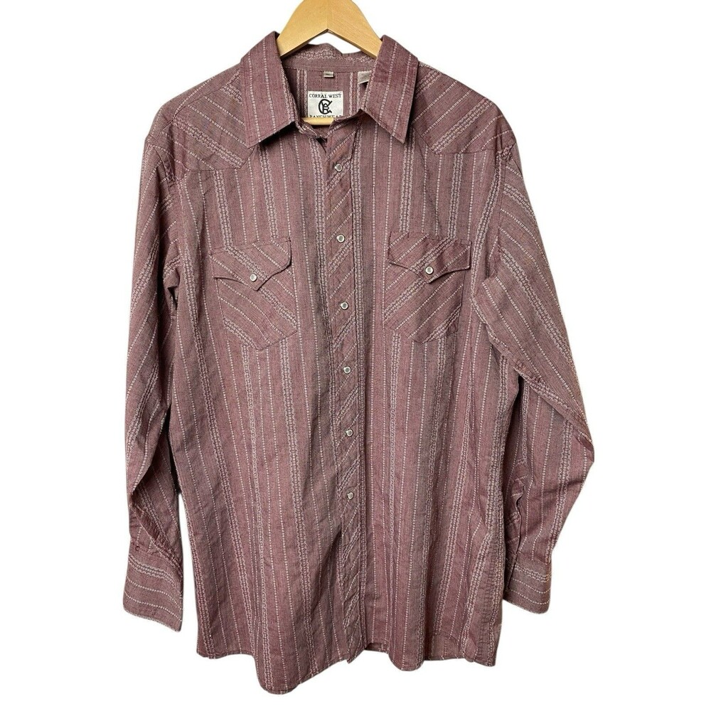 Vintage Corral West Ranchwear Shirt XL Pearl Snap Western Burgundy Stripe Cowboy